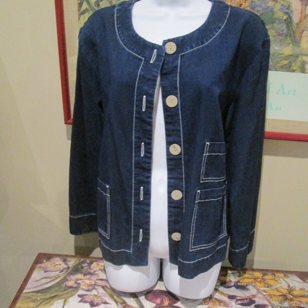 J. Jill Collarless Denim Blue Jean Jacket Coat